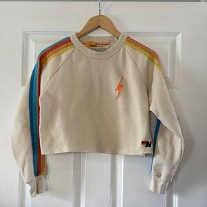 Aviator Nation Cream Cropped Sweatshirt with Rainbow Shoulder Stripes